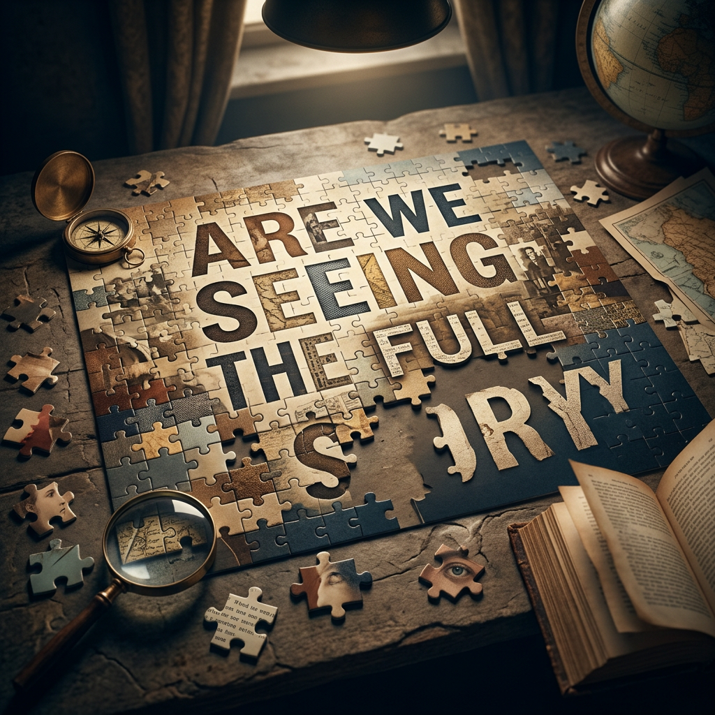 Partially completed puzzle with the phrase 'ARE WE SEEING THE FULL STORY' on a table surrounded by a compass, magnifying glass, and open book