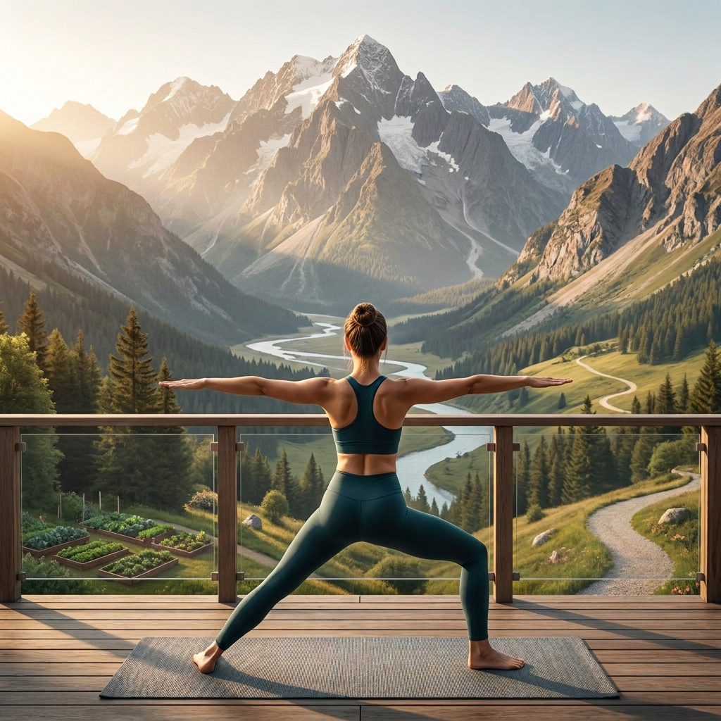 Woman doing yoga on deck facing river and mountains with trees, house, cyclists, and icons of wind turbines, solar panels, and buildings