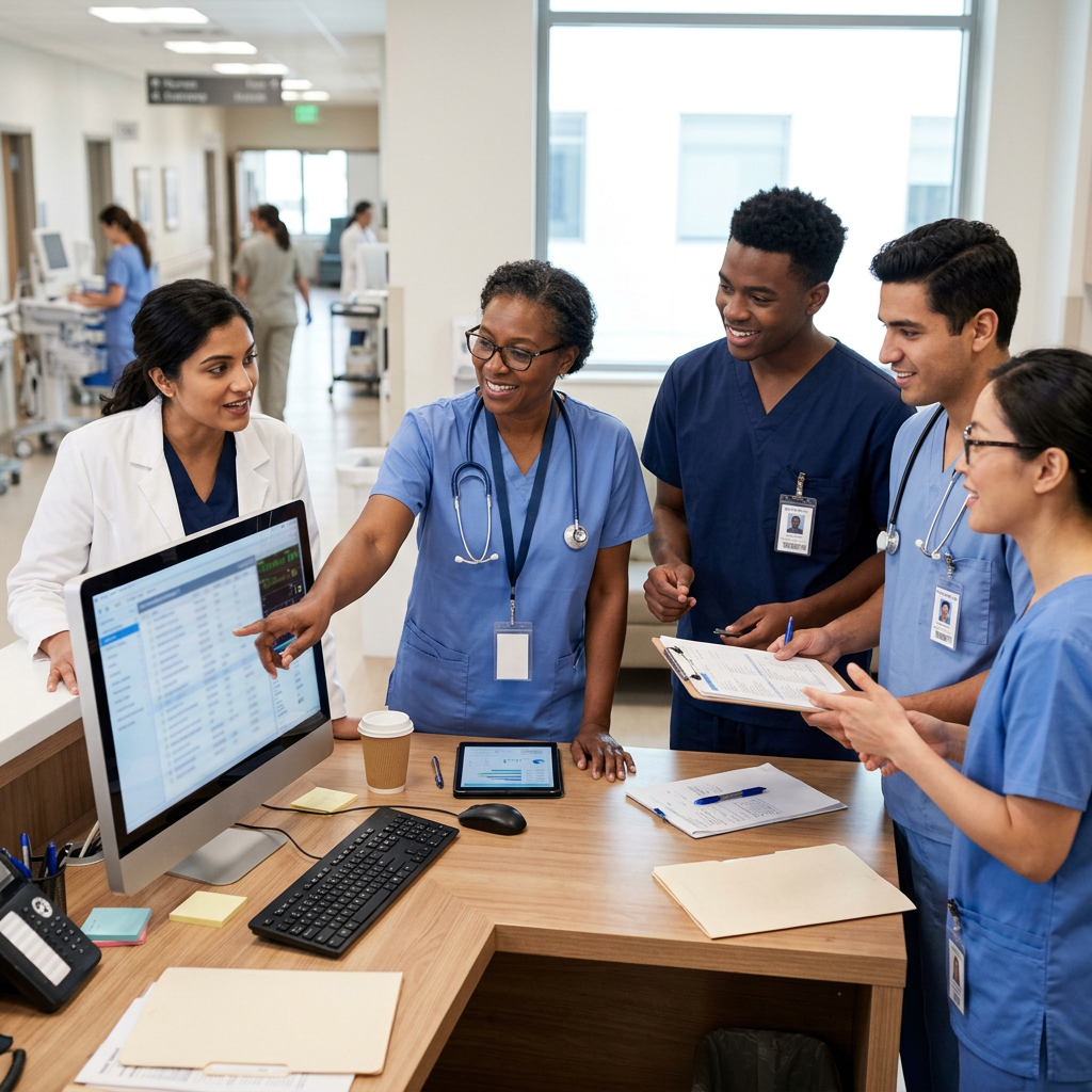 Healthcare professionals discussing patient information at a nurses' station