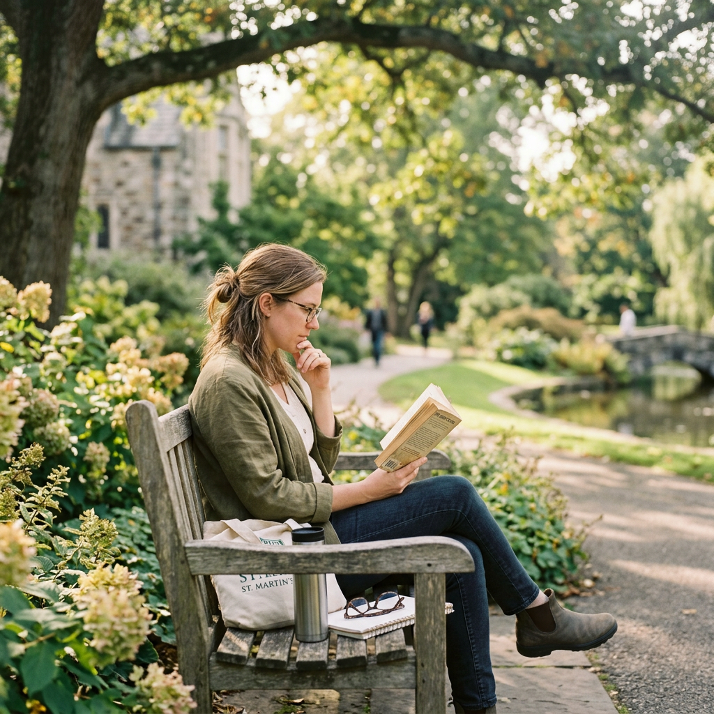 Woman reading a book on a bench in a landscaped garden