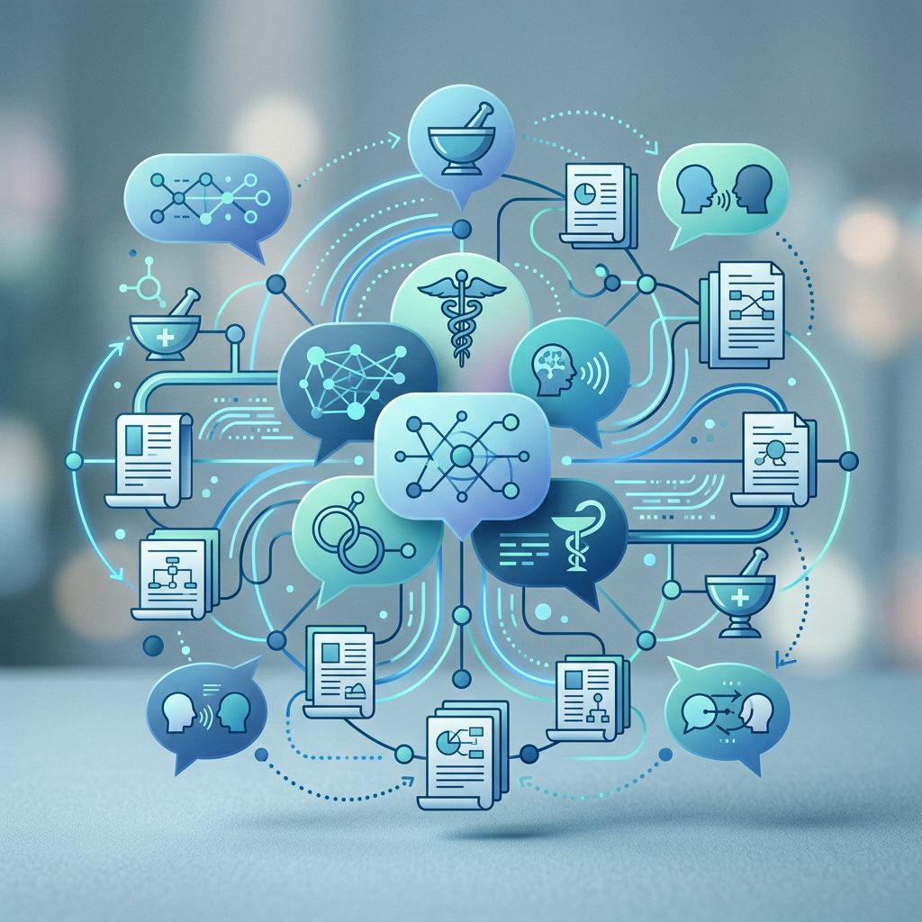 Illustration of interconnected healthcare documents, medical symbols, data networks, and communication icons